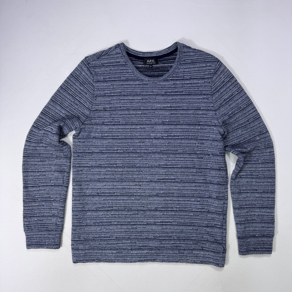 A.P.C. Mens XL Blue Textured Knit Crewneck Sweater Slub Stripe Pullover Top